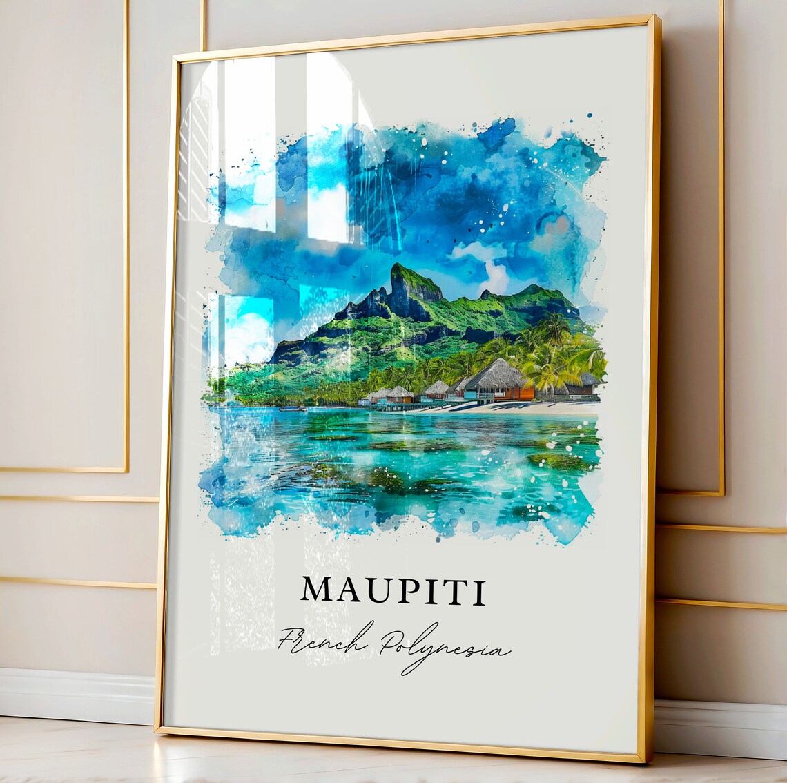 Maupiti French Polynesia Watercolor Island Bungalows Travel Poster - Image 4