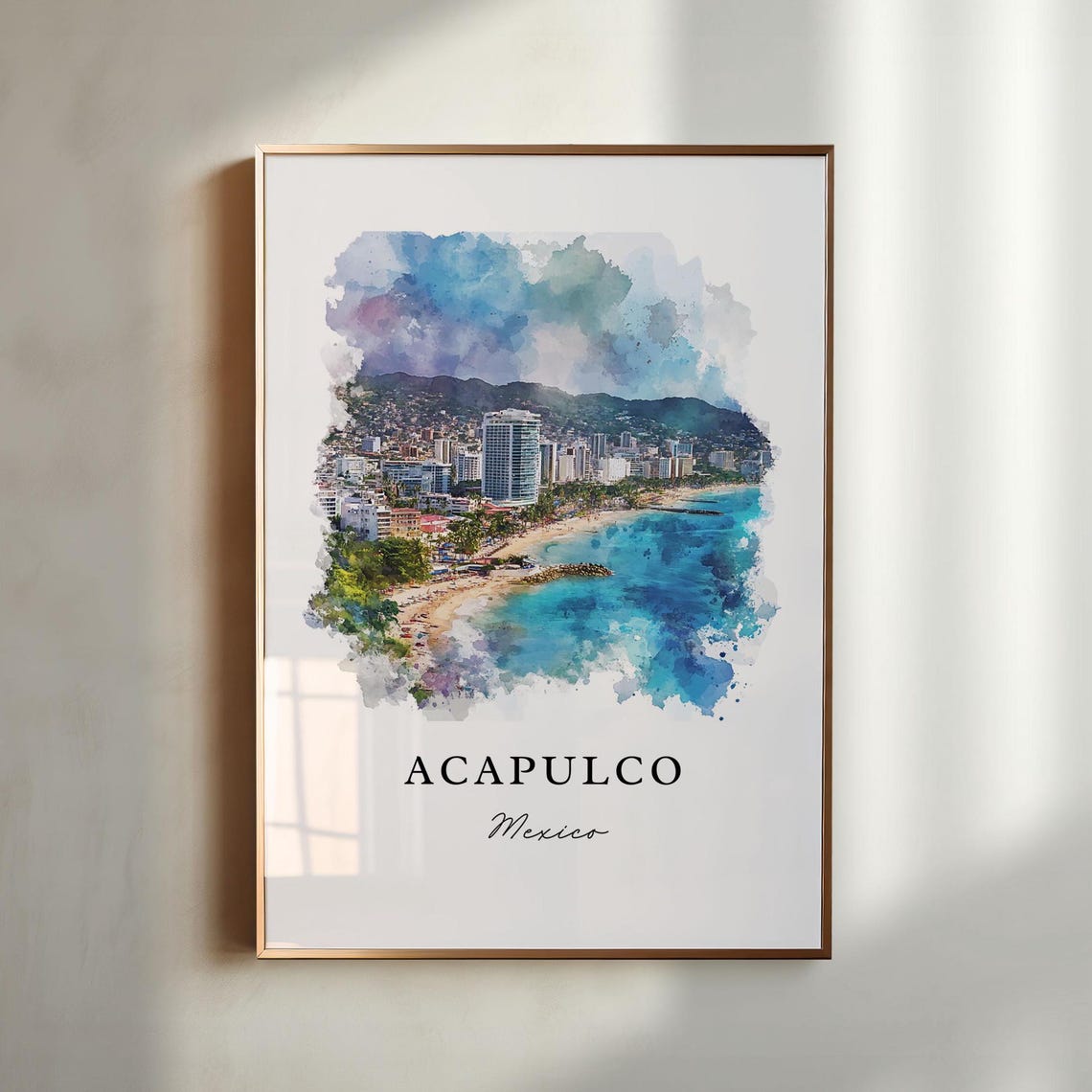 Acapulco Mexico Watercolor Beach Bay Skyline Tropical Art Print