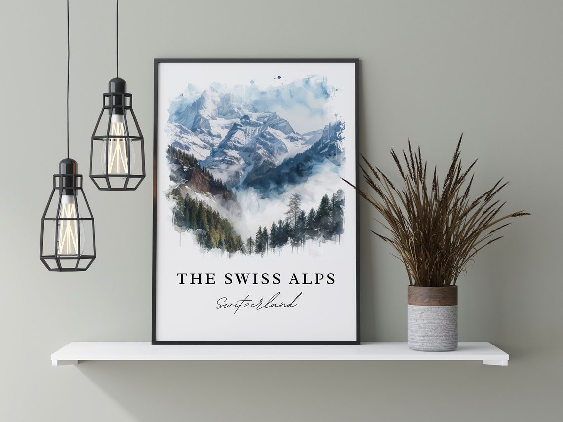 The Swiss Alps Switzerland Watercolor Snow Peaks Pines Poster - Image 2