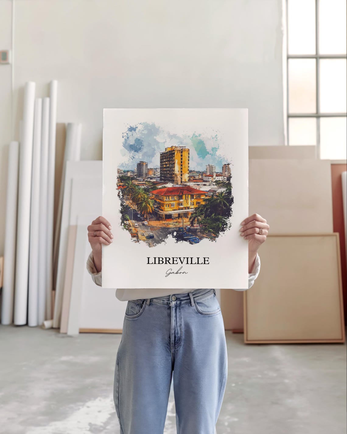 Libreville Gabon City Street Palm Trees Watercolor Art Poster - Image 4