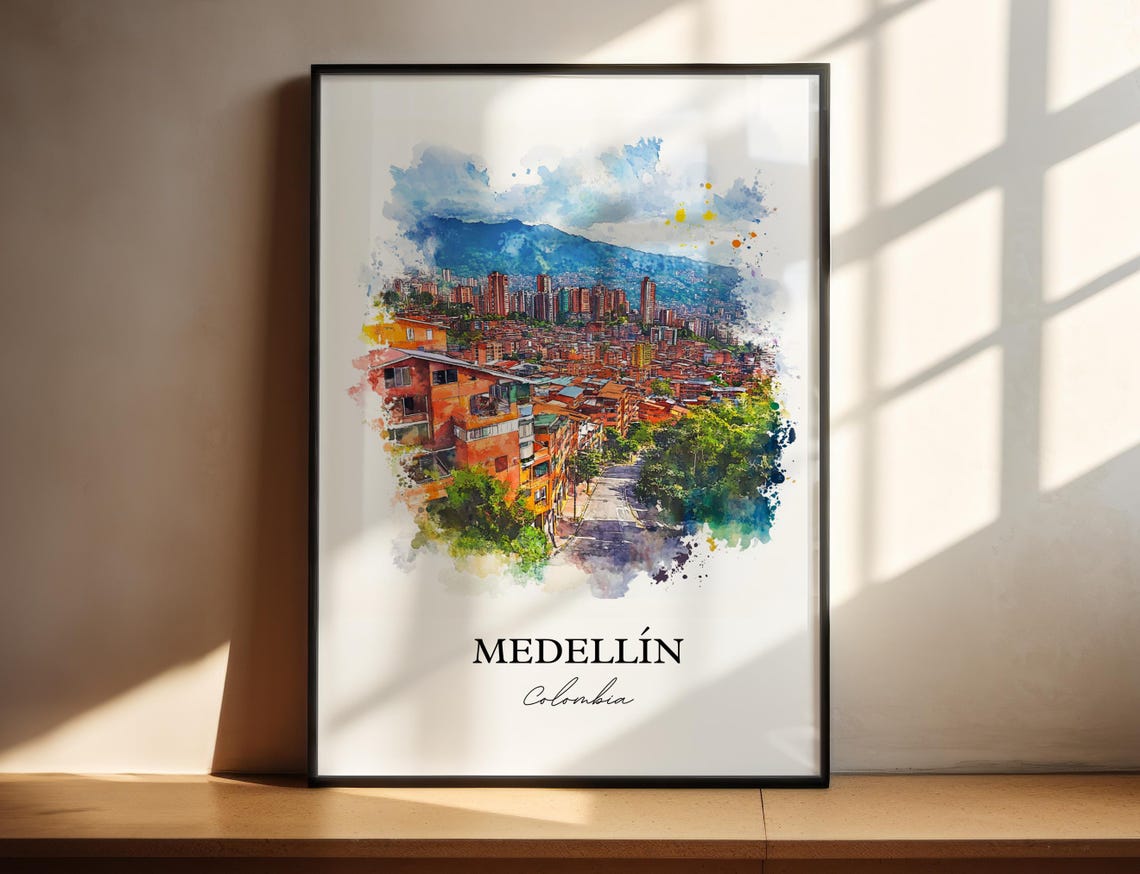 Medellin Skyline Watercolor Travel Poster, Colombia
