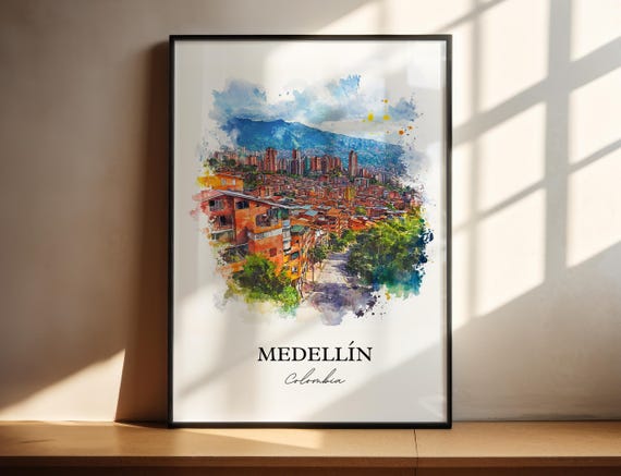 Medellin Skyline Watercolor Travel Poster, Colombia