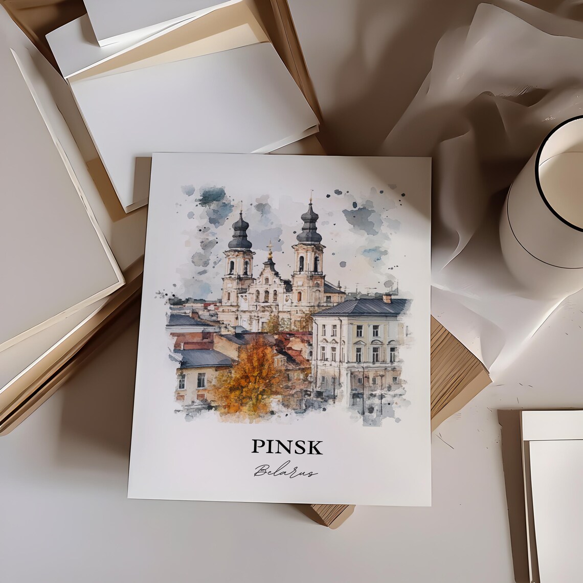 Pinsk Belarus Twin Towered Cathedral Old Town Watercolor Poster - Image 2
