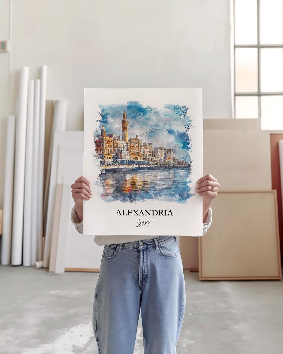 Alexandria Egypt Watercolor Mediterranean Waterfront Travel Poster - Image 4