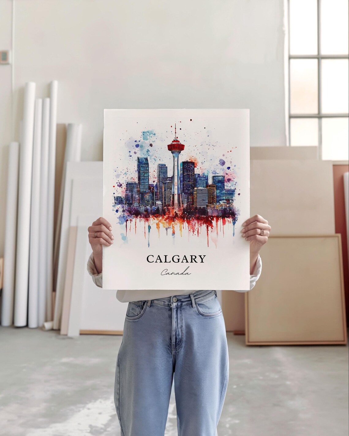 Calgary Watercolor Skyline Travel Poster Print - Image 2