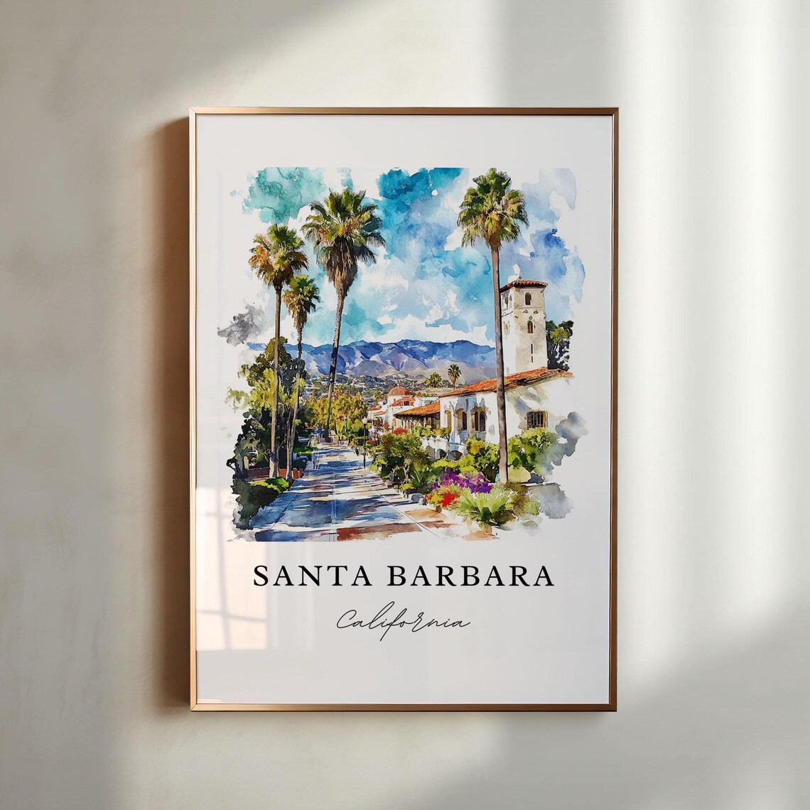 Santa Barbara California Palm Lined Street Watercolor Mission Poster