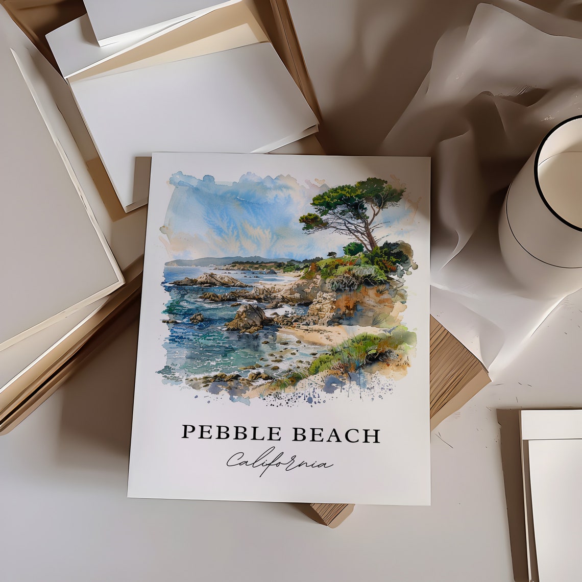 Pebble Beach California Rocky Coastline Cypress Watercolor Poster - Image 6