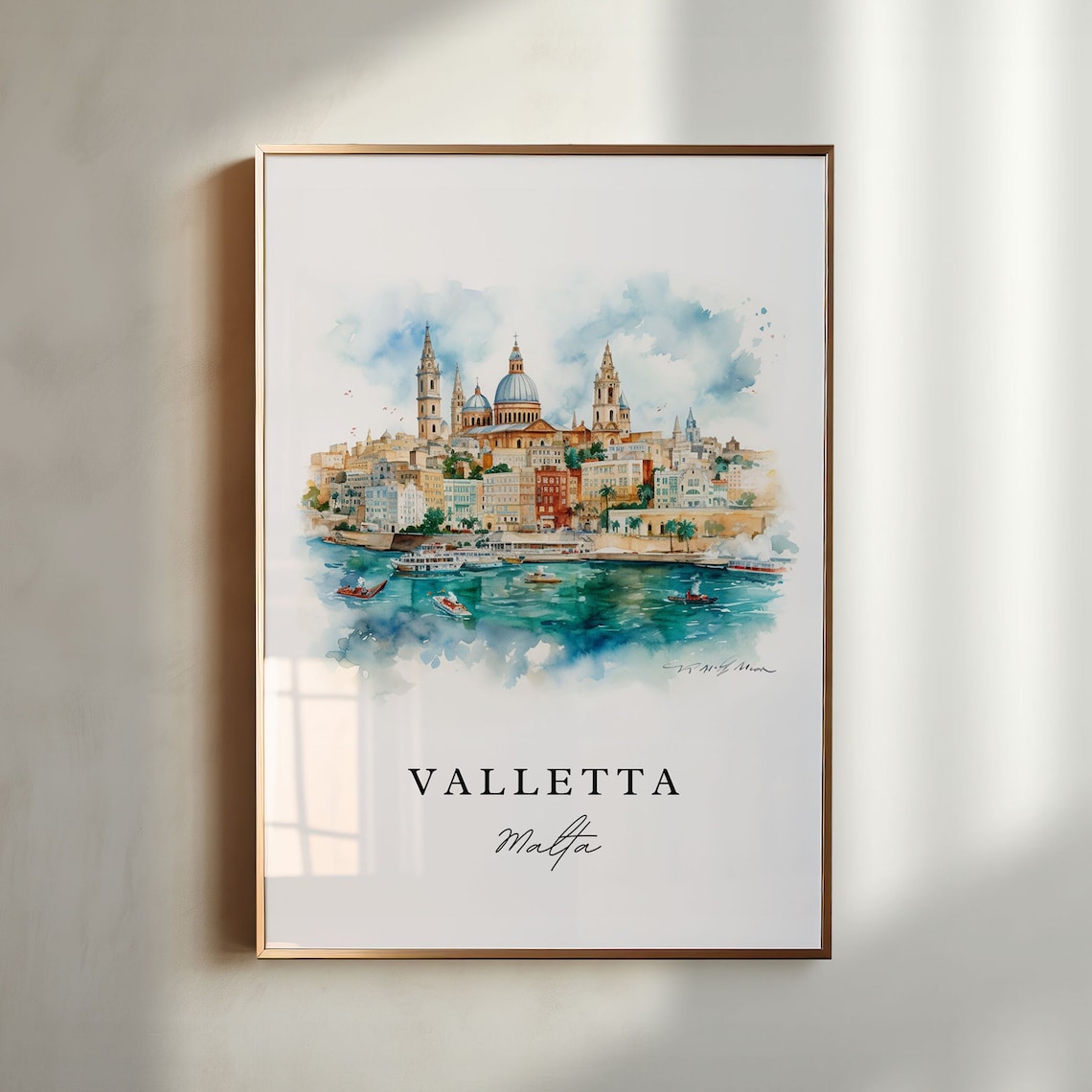 Valletta Malta Historic Harbor Skyline Watercolor Travel Poster