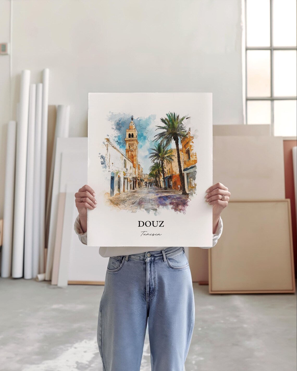 Douz Tunisia Palm Lined Desert Street Watercolor Travel Poster - Image 4