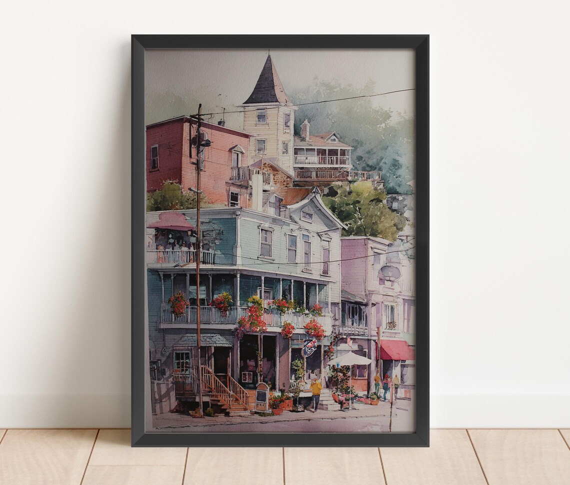 Bar Harbor Maine Street Watercolor Poster Harbor Shops Historic Block Art