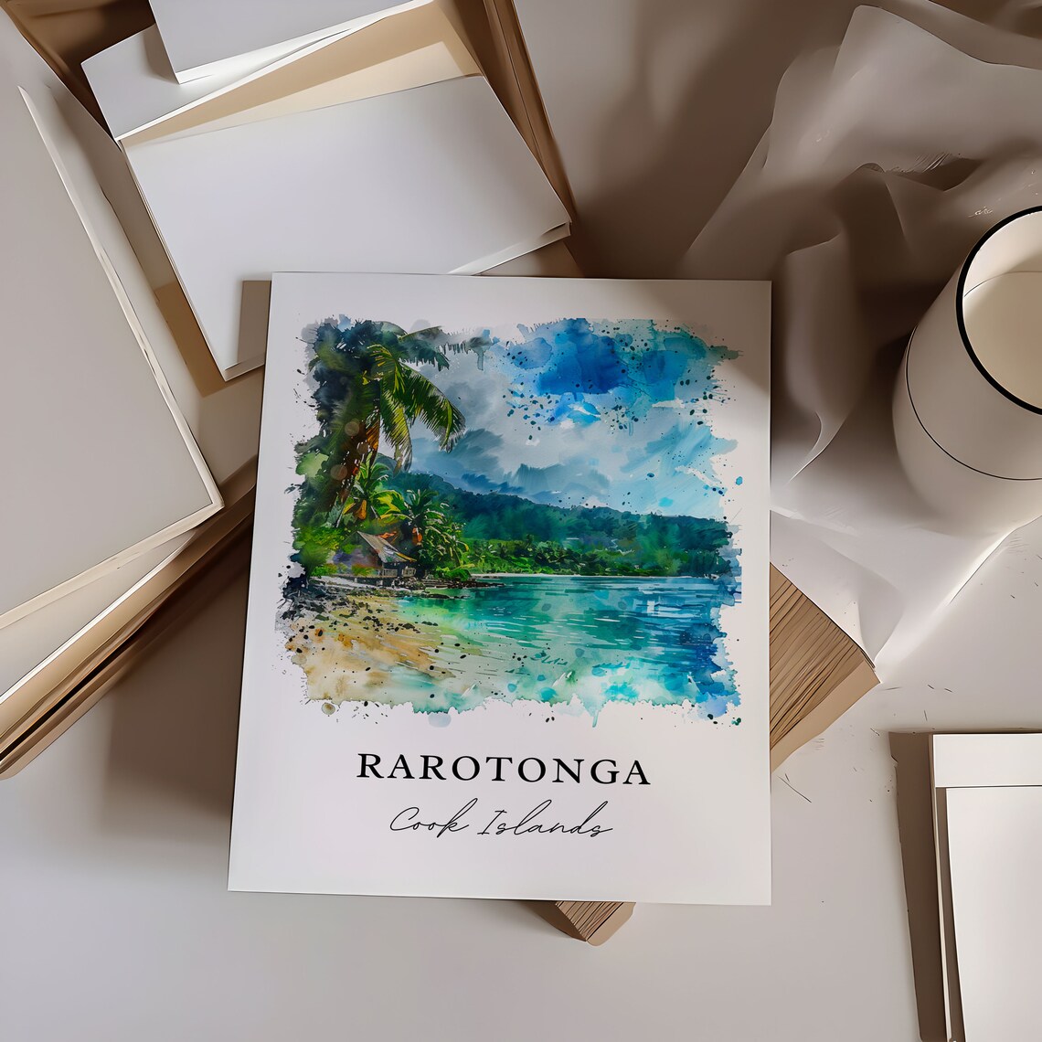 Rarotonga Cook Islands Palm Beach Lagoon Watercolor Art Print - Image 6