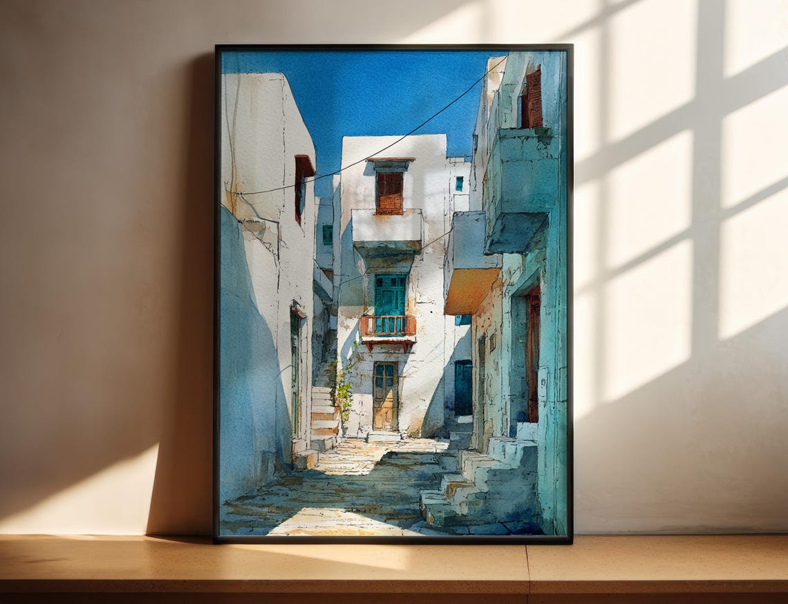 Naxos Greece Sunlit Whitewashed Alley Watercolor Travel Poster