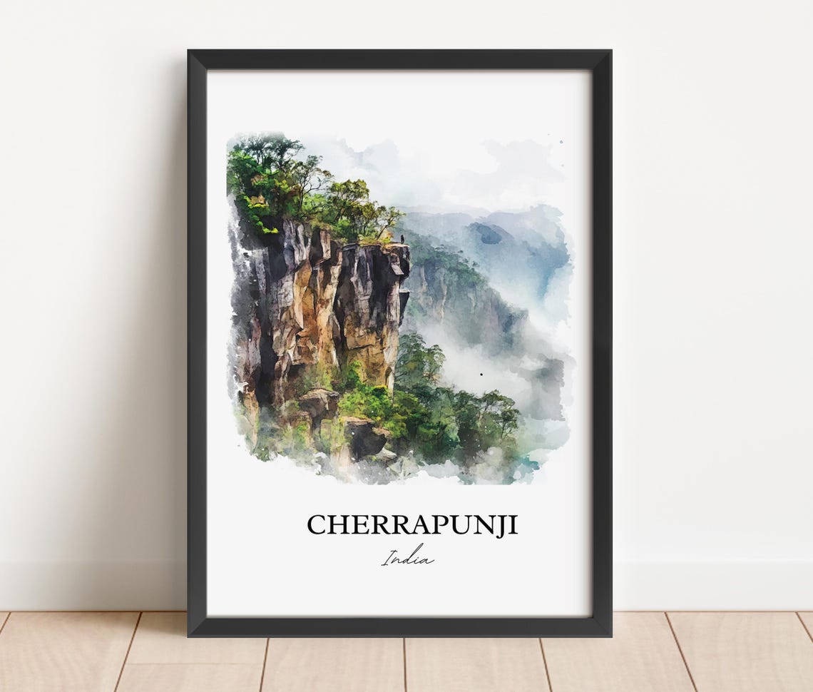 Cherrapunji India Watercolor Misty Cliffs Mountain Gorge Poster - Image 3
