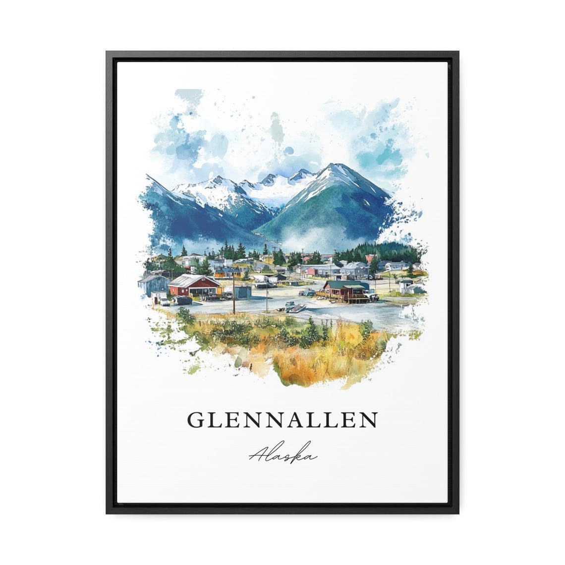 Glennallen Alaska Small Town Watercolor Snowy Mountains Scenic Poster
