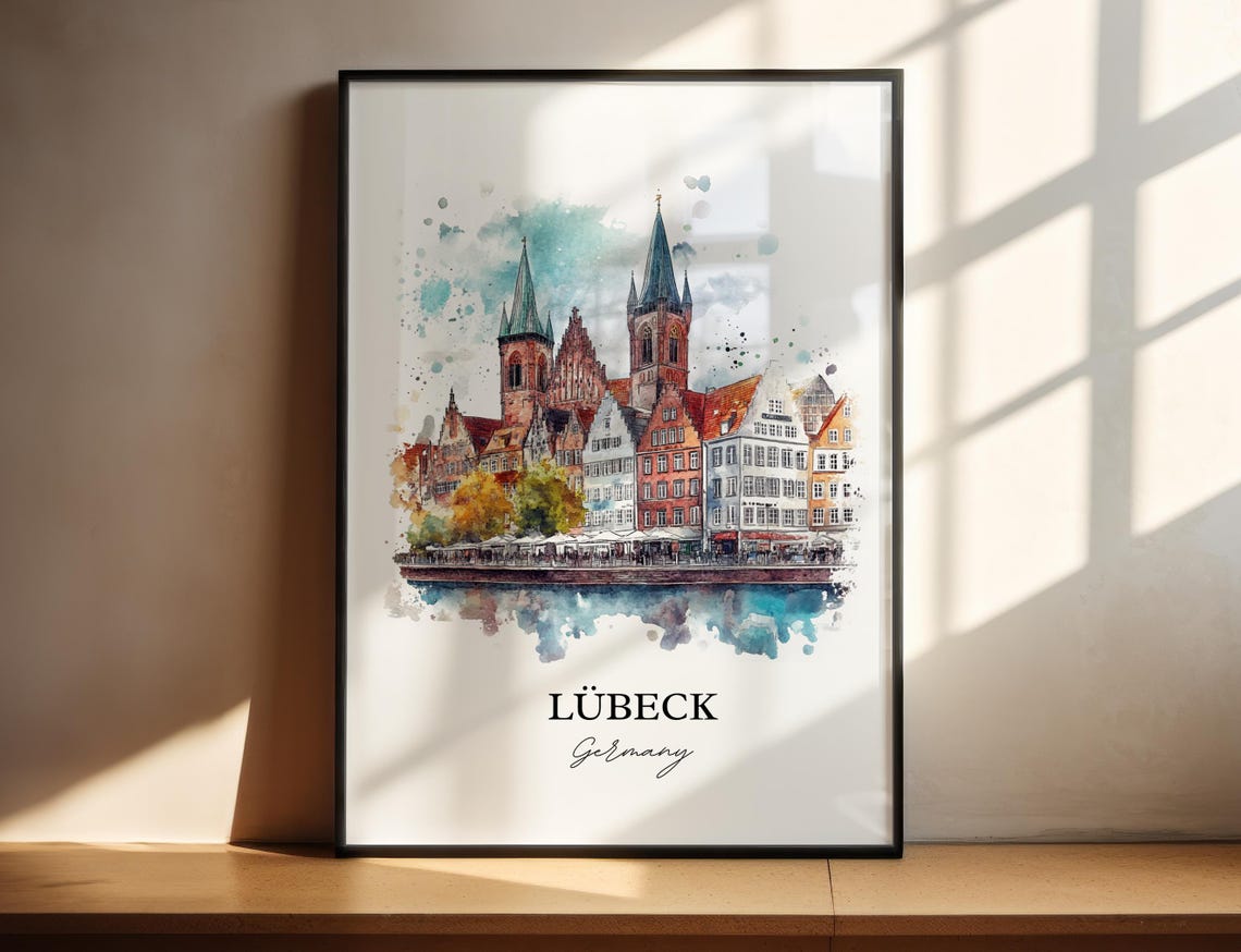 Lubeck Germany Harbor Church Spires Watercolor Travel Poster