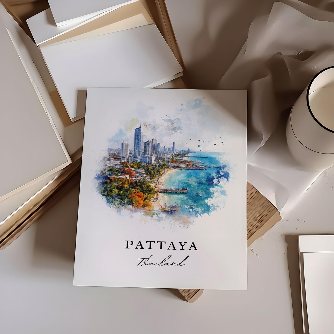 Pattaya Thailand Watercolor Beach Coast City Skyline Travel Poster - Image 6
