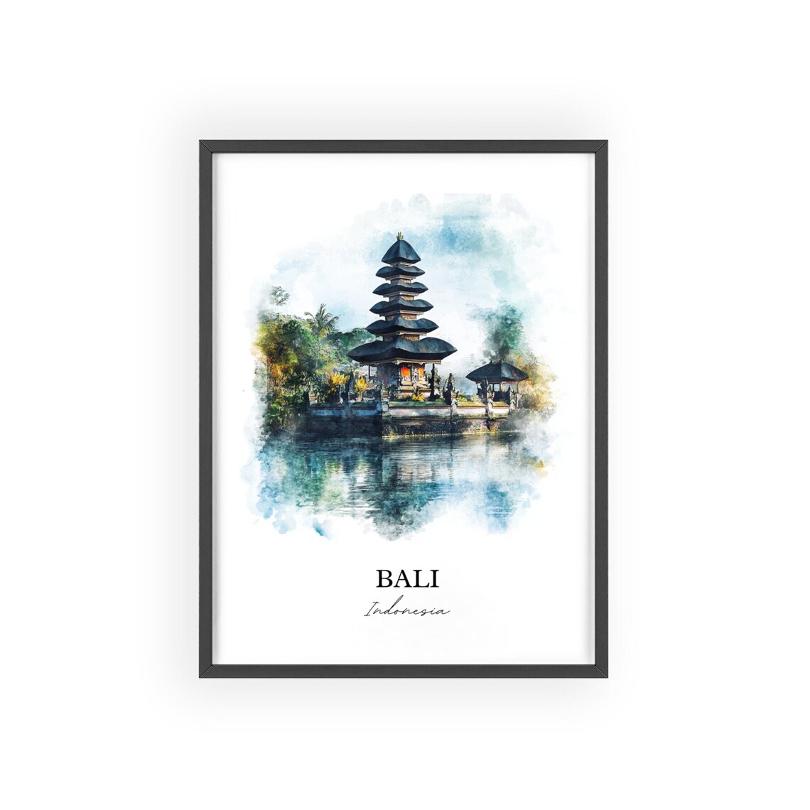 Bali Indonesia Watercolor Lake Temple Serene Island Scene Poster - Image 2