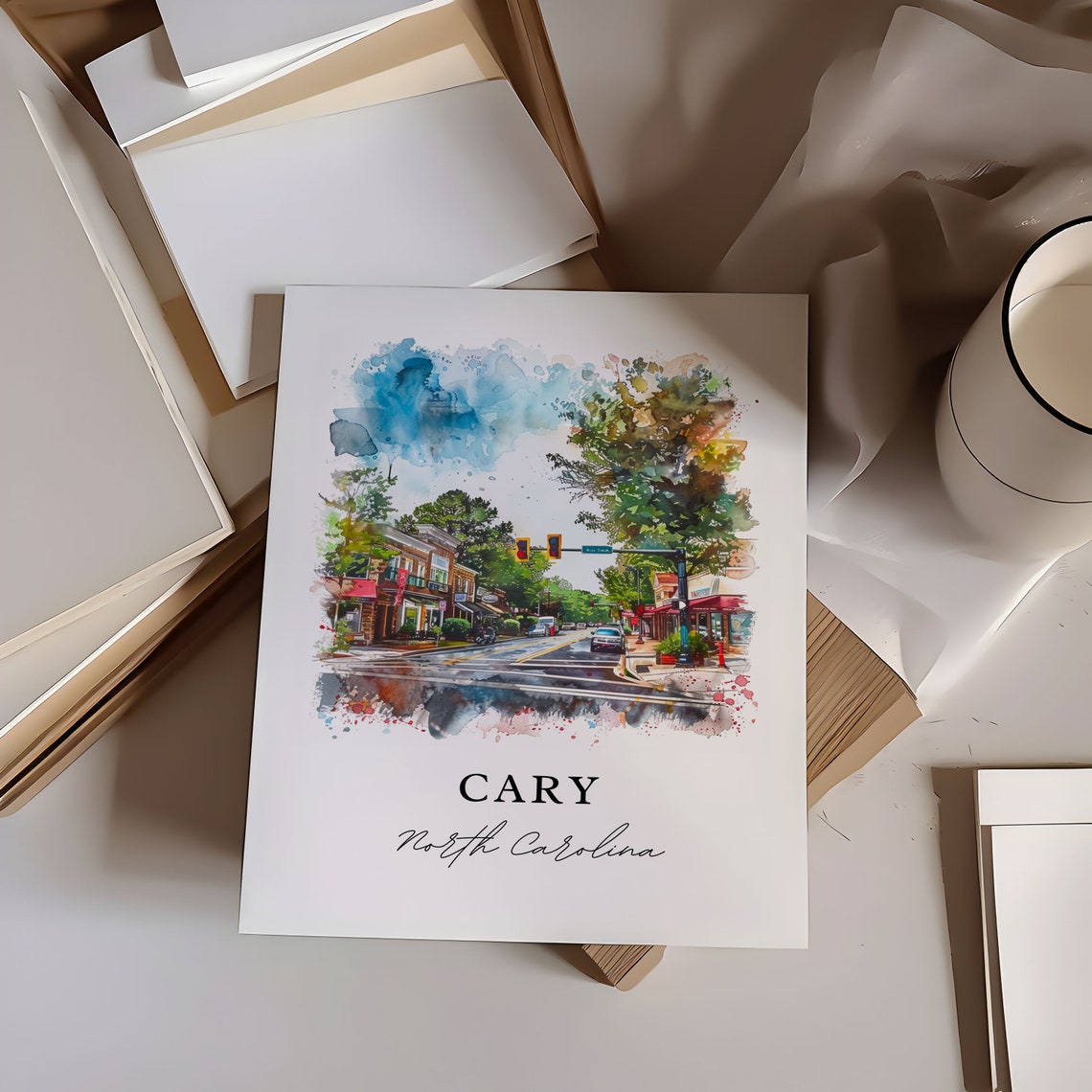 Cary NC North Carolina Watercolor Main Street Downtown Poster - Image 6