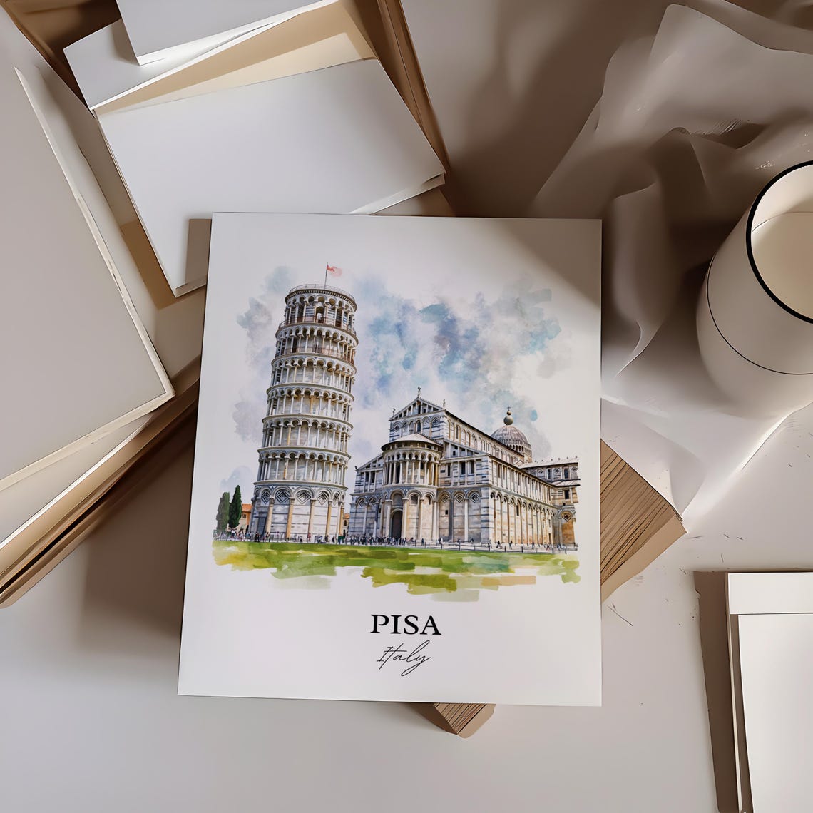 Pisa Italy Leaning Tower Cathedral Watercolor Landmark Travel Poster - Image 3
