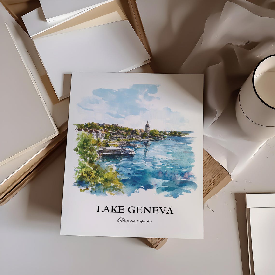 Lake Geneva Wisconsin Waterfront Resort Town Watercolor Poster - Image 2