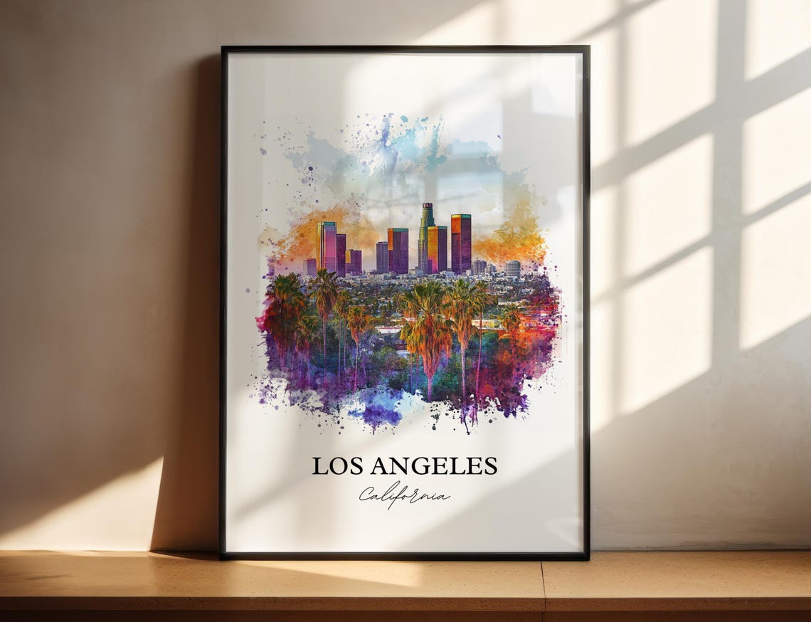 Los Angeles California Downtown Skyline Palms Watercolor Art Poster