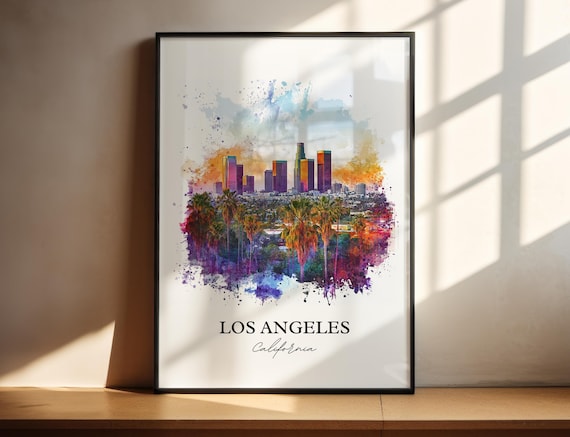 Los Angeles California Downtown Skyline Palms Watercolor Art Poster