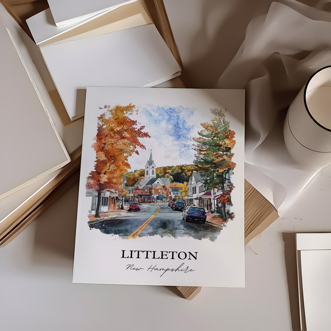 Littleton New Hampshire Main Street Autumn Watercolor Travel Poster - Image 3