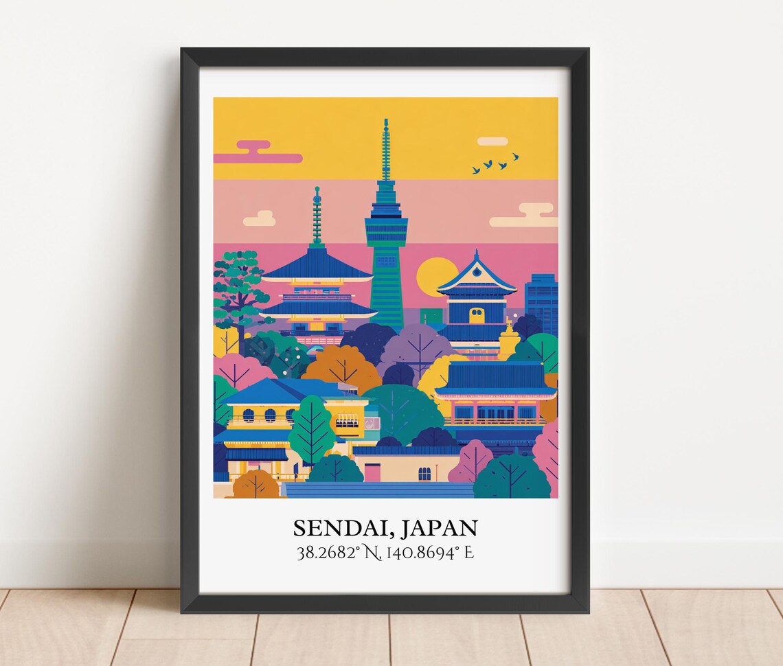 Sendai Japan Temple Pagoda Tower Golden Sunset Retro Travel Poster - Image 3