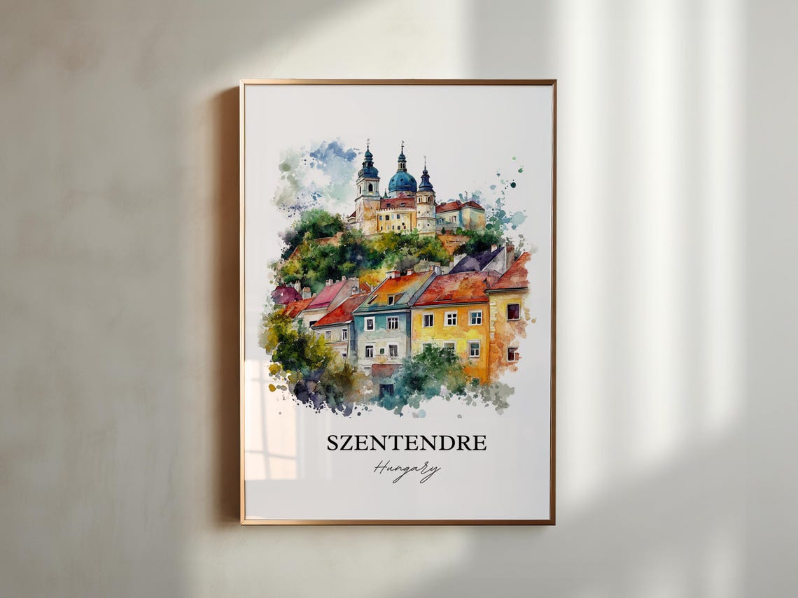 Szentendre Hungary Watercolor Hilltop Church Colorful Houses Poster - Image 5