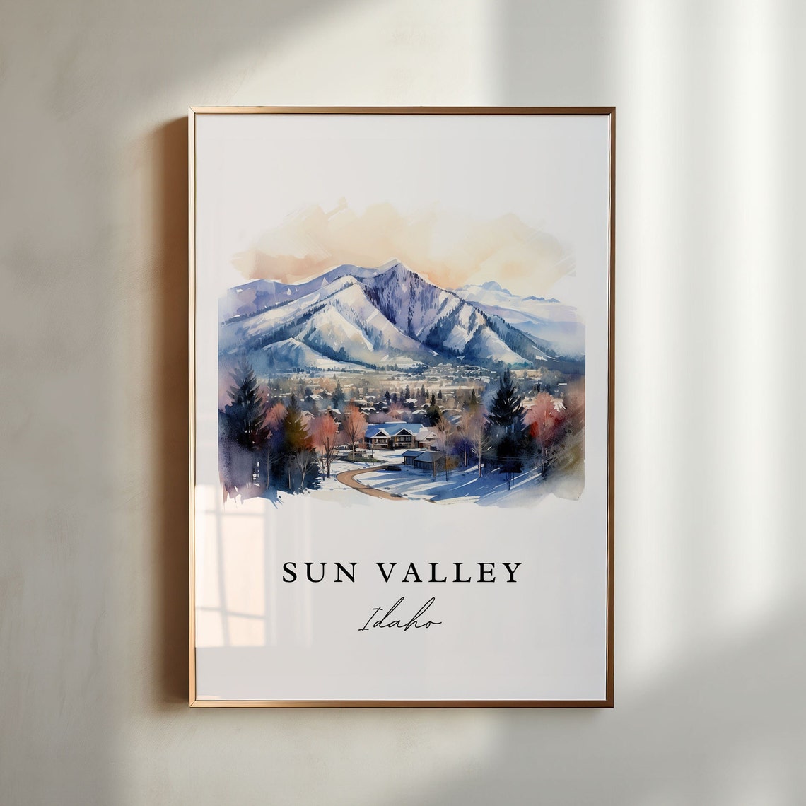 Sun Valley Idaho Snowy Mountain Town Watercolor Winter Ski Poster