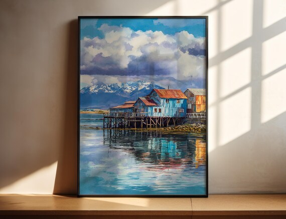 Puerto Natales Chile Stilt Houses Patagonia Watercolor Poster