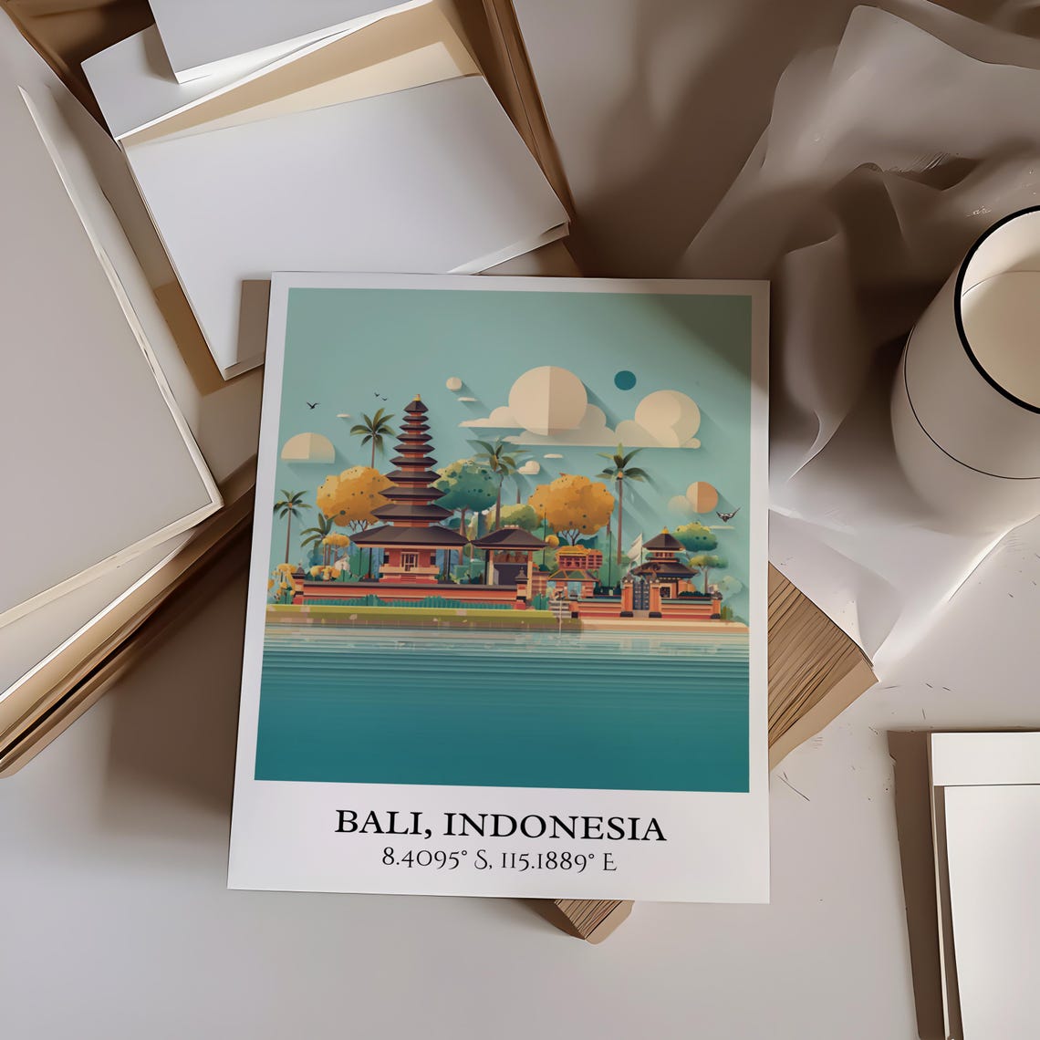 Bali Indonesia Lakeside Temple Pagoda Palms Retro Travel Art Poster - Image 4