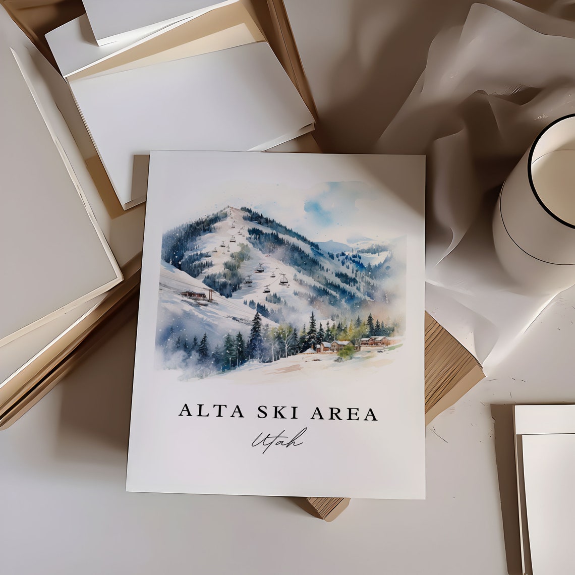 Alta Ski Area Utah Watercolor Snowy Mountain Ski Resort Poster - Image 6