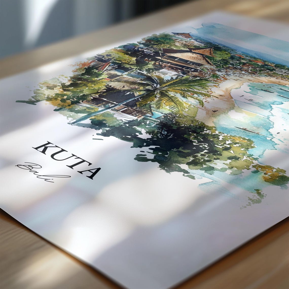 Kuta Bali Watercolor Beach Waves Surf Temple Aerial View Poster - Image 7