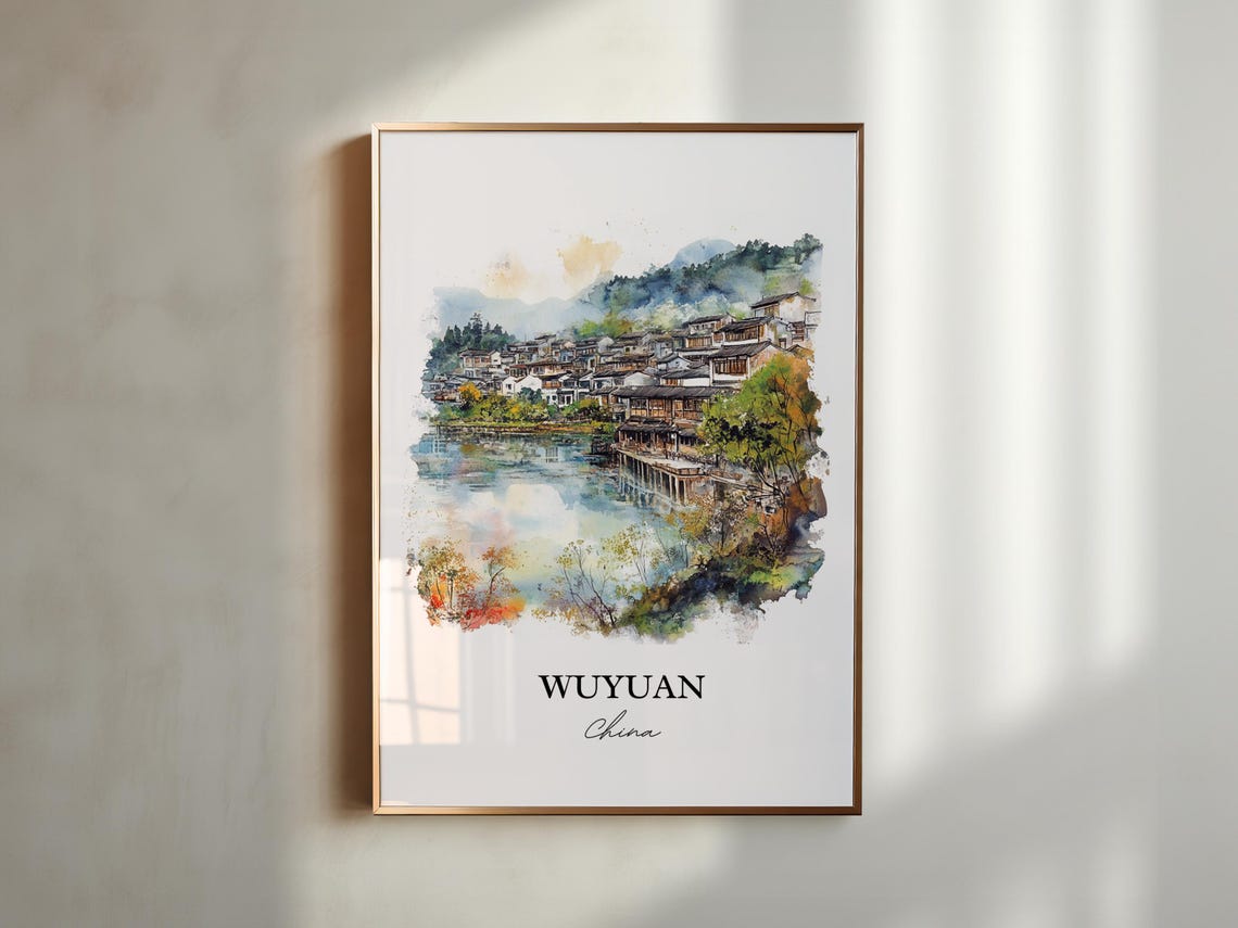 Wuyuan China Watercolor Ancient Water Town Lake Reflection Poster - Image 4