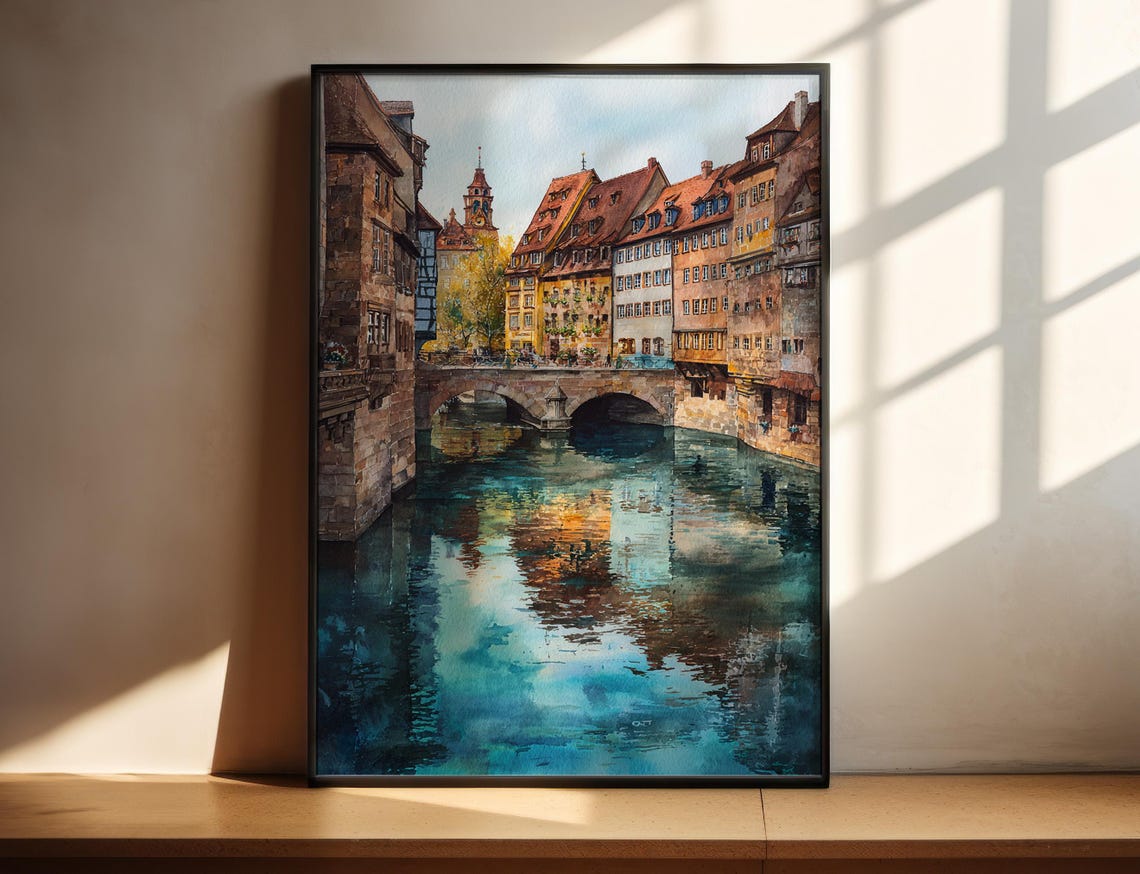 Nuremberg Germany Old Town Bridge River Reflection Watercolor Print