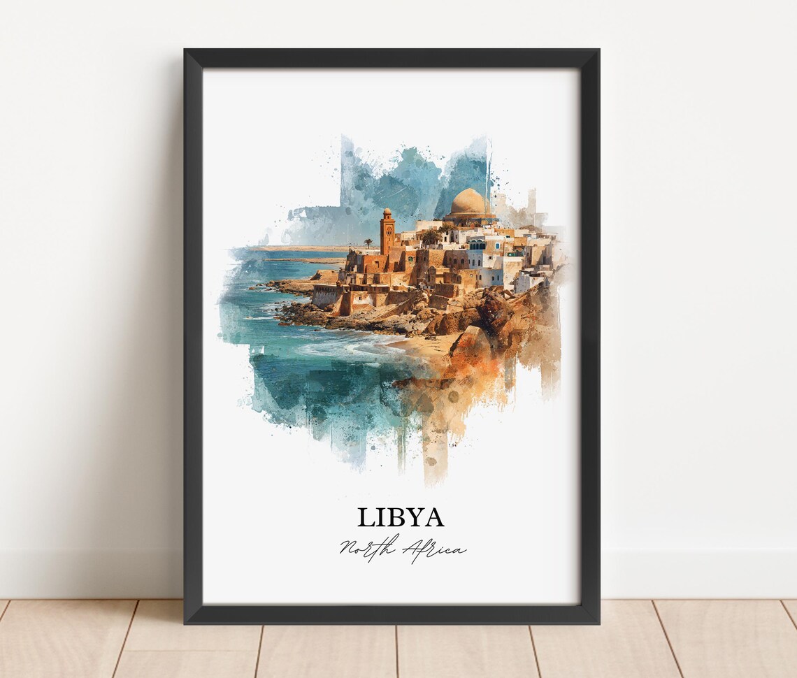Libya North Africa Coastal Medina Mosque Watercolor Travel Poster - Image 3