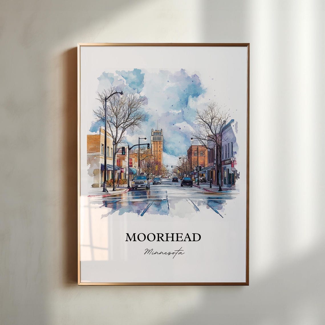 Moorhead Minnesota Downtown Street Tower Watercolor Art Poster
