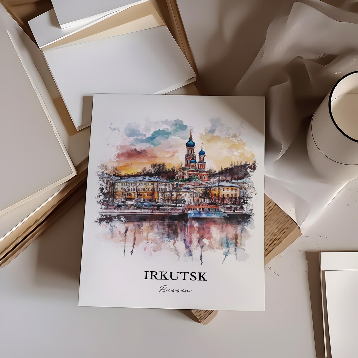 Irkutsk Russia Blue Domed Church by the River Watercolor Poster - Image 3