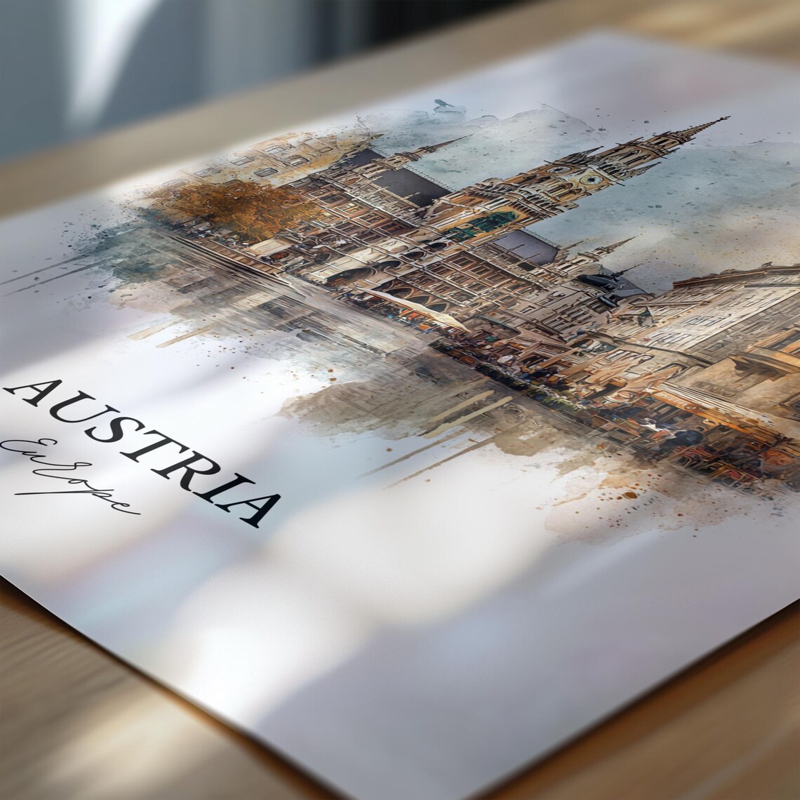 Austria Historic Town Hall Plaza Watercolor Europe Travel Poster - Image 6