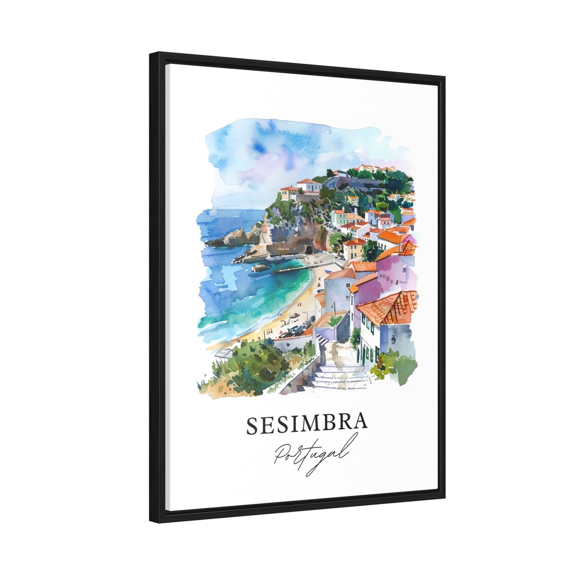 Sesimbra Portugal Coastal Beach Town Watercolor Cliffside Poster - Image 2