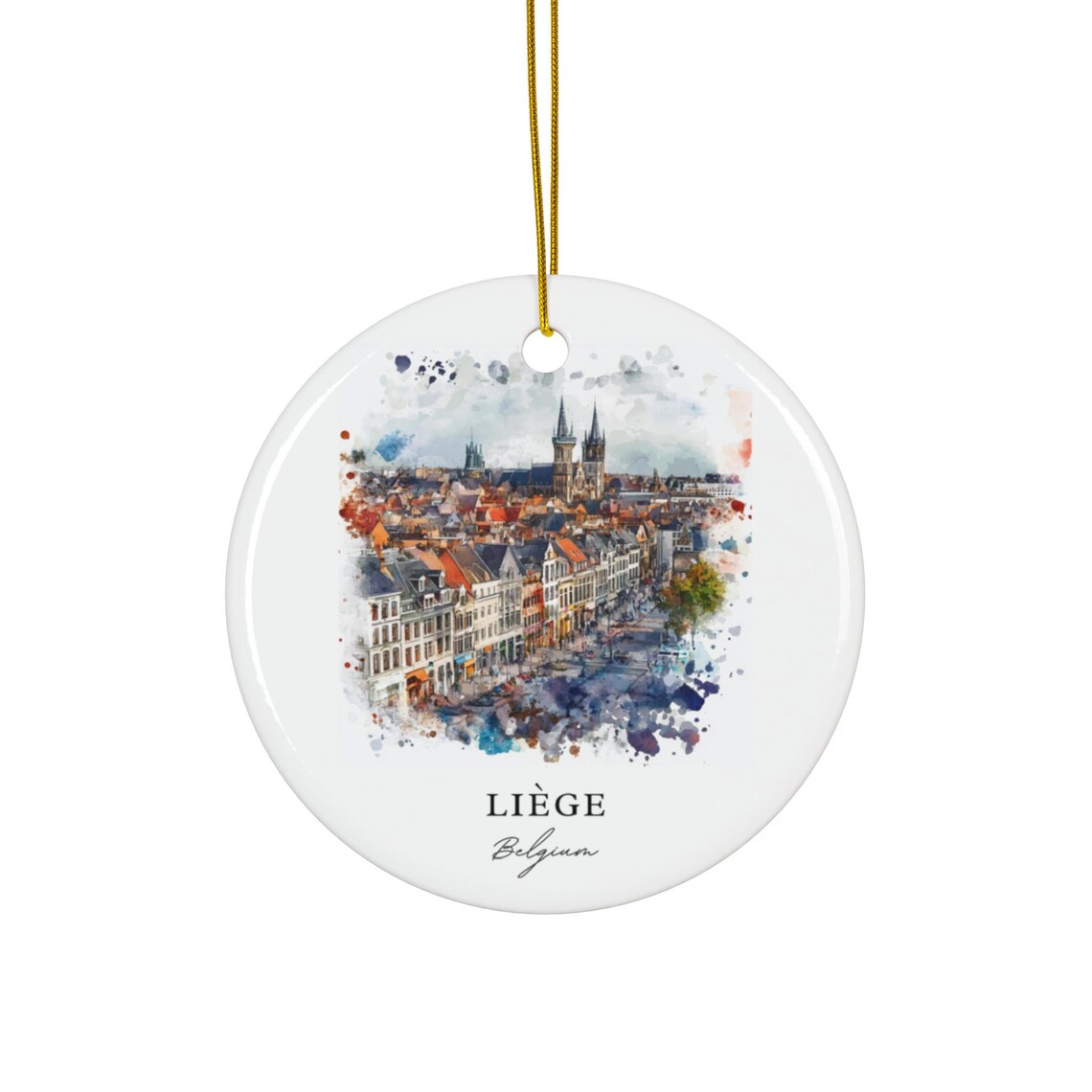 Liege Belgium Watercolor Twin Spires Old Town Rooftops Travel Poster