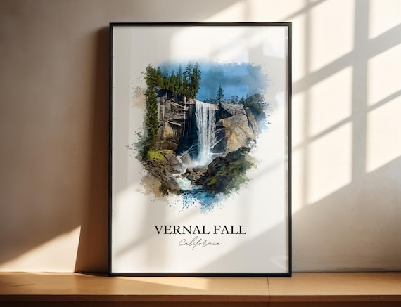 Vernal Fall California Granite Cliff Waterfall Watercolor Poster