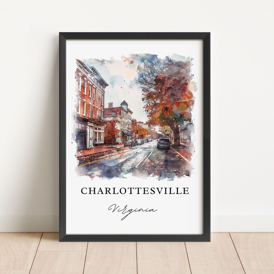 Charlottesville Virginia Downtown Street Watercolor Rainy Day Poster