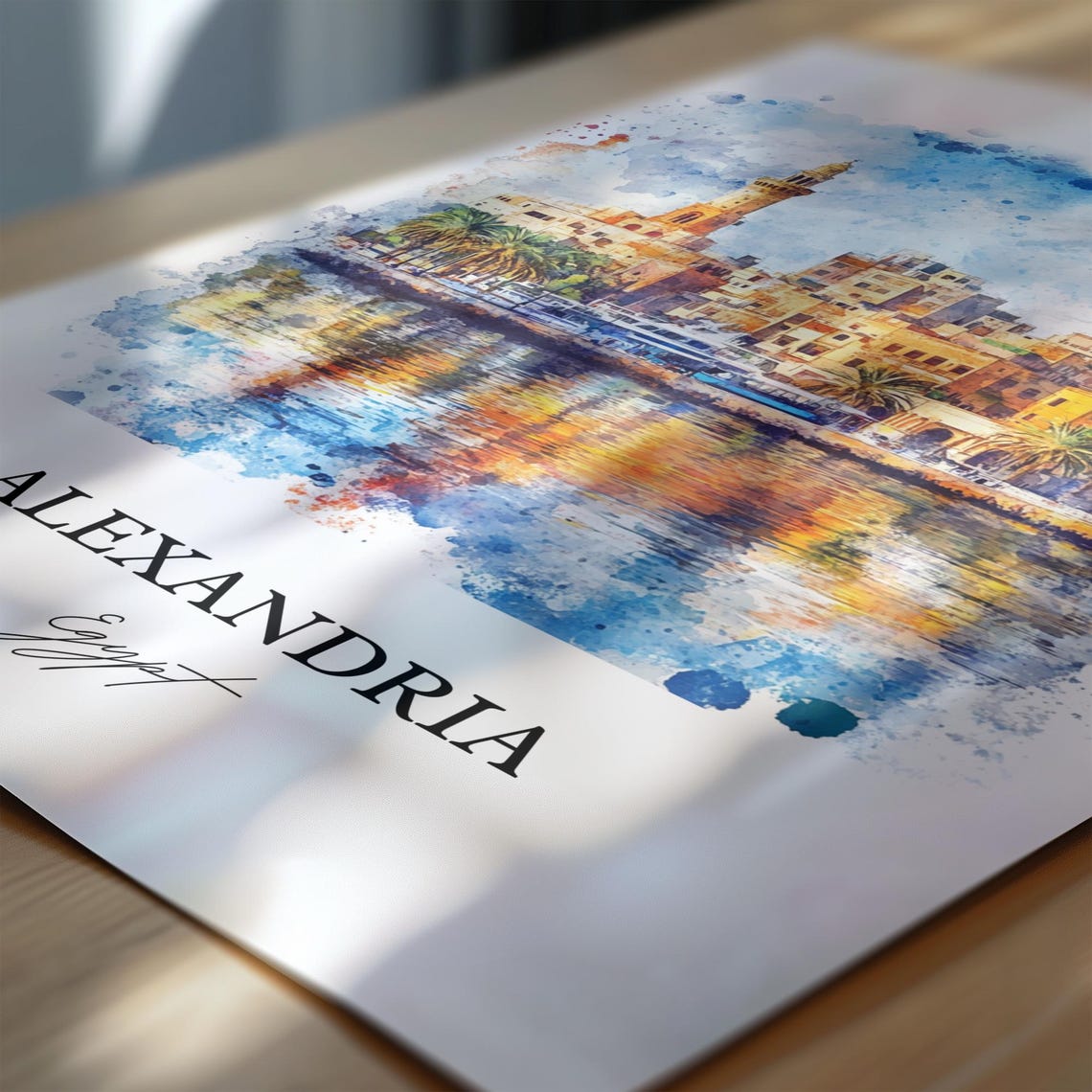 Alexandria Egypt Watercolor Mediterranean Harbor Skyline Poster - Image 6