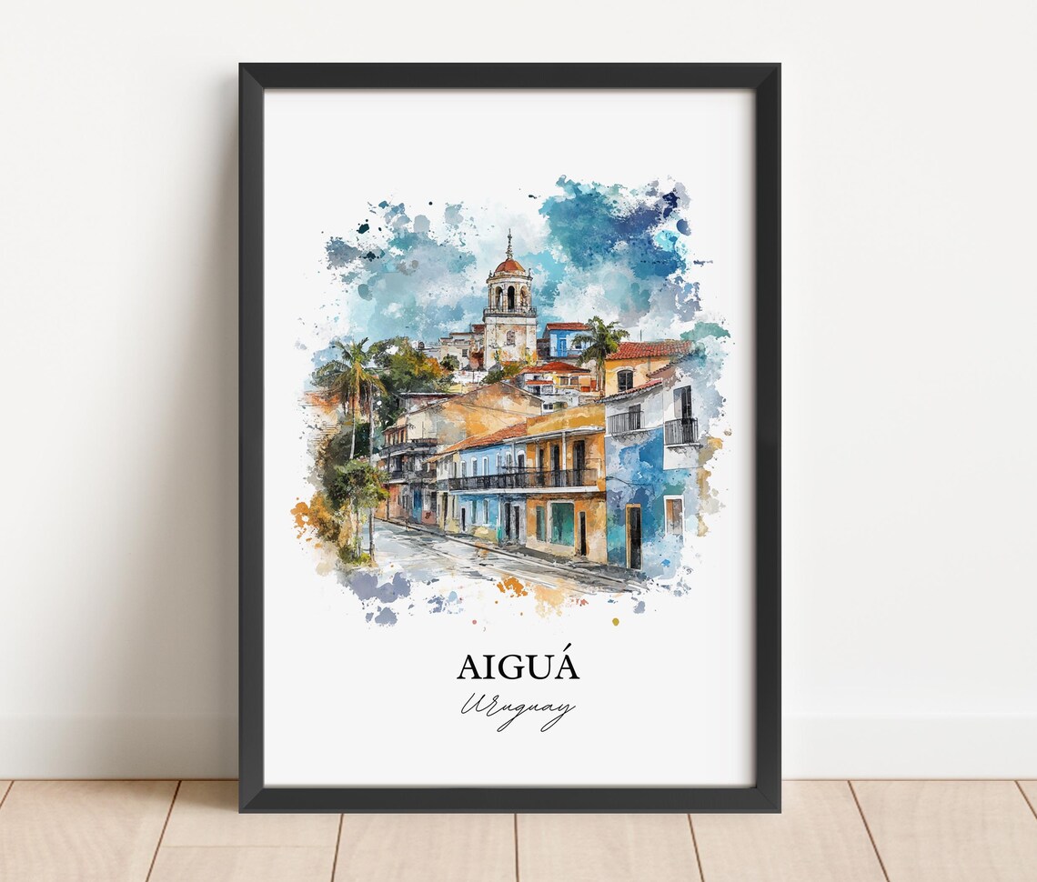 Aigua Uruguay Watercolor Colonial Street Church Tower Travel Poster - Image 3
