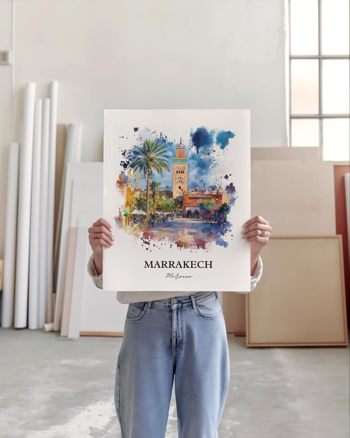 Marrakech Morocco Koutoubia Minaret Palms Watercolor Travel Poster - Image 5