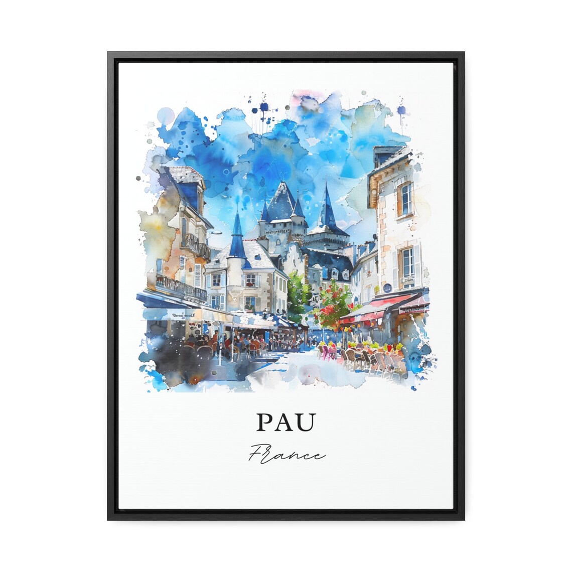 Pau France Watercolor Chateau Towers Street Cafe Scene Old Town Poster - Image 3