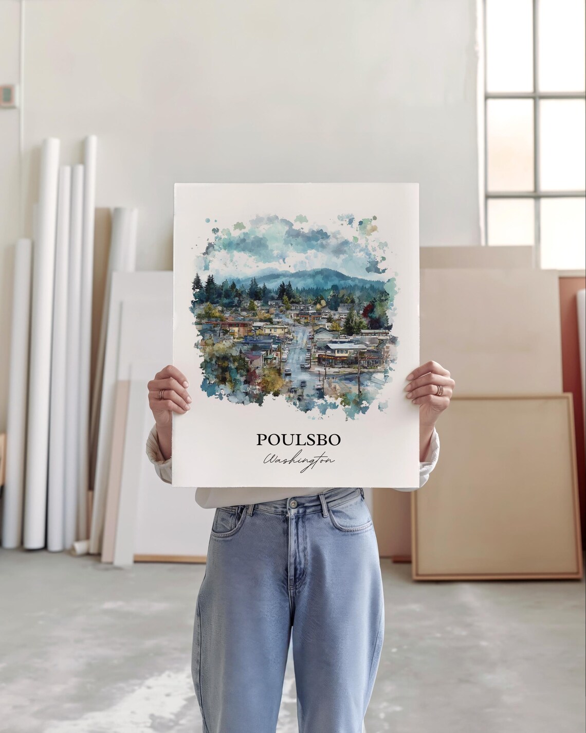 Poulsbo Washington Evergreen Town Aerial Watercolor Travel Poster - Image 2