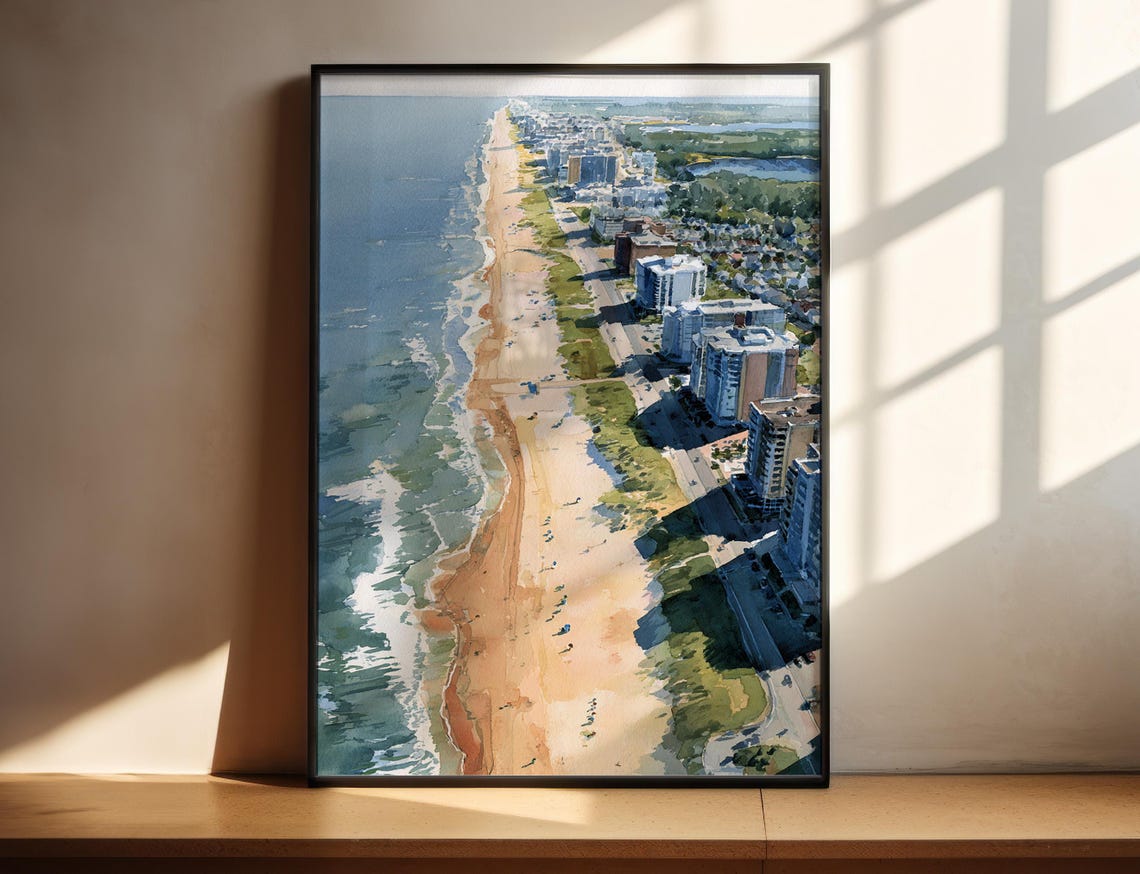 Virginia Beach Aerial Oceanfront Boardwalk Watercolor Travel Poster